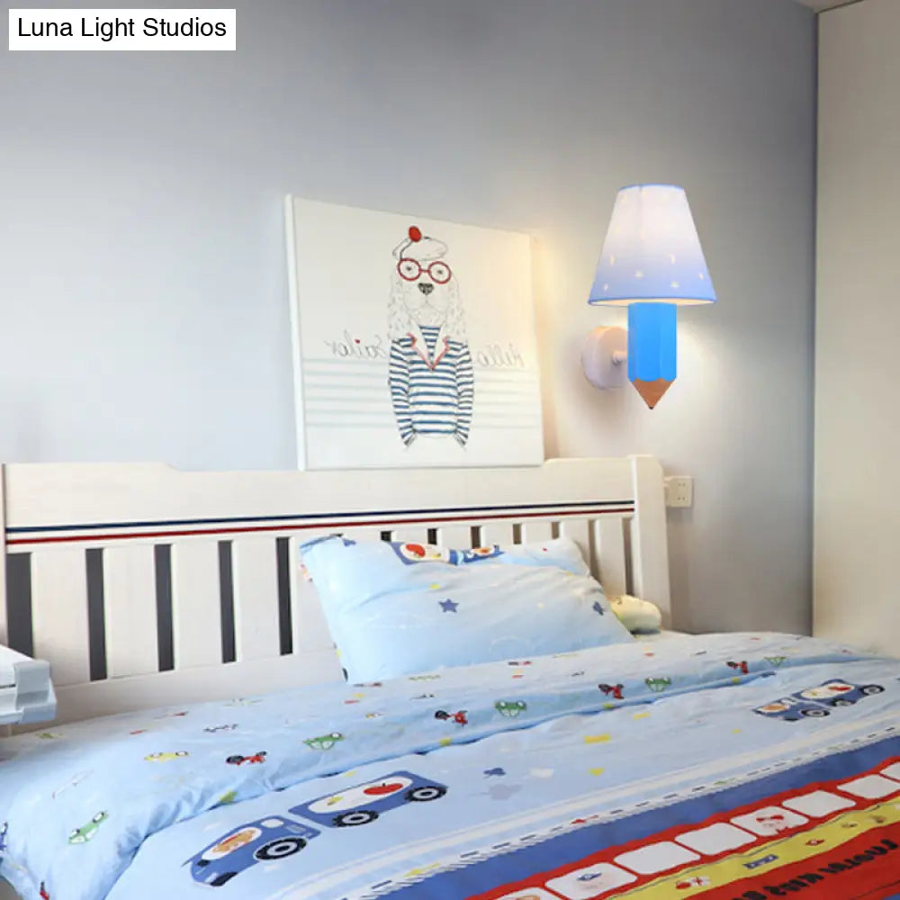 Blue Pencil Wall Light For Childs Bedroom - Modern Sconce With Tapered Shade