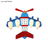 Blue Plane Ivory Glass Flushmount Lighting For Boys Bedroom - 3/4 Heads Ceiling Fixture