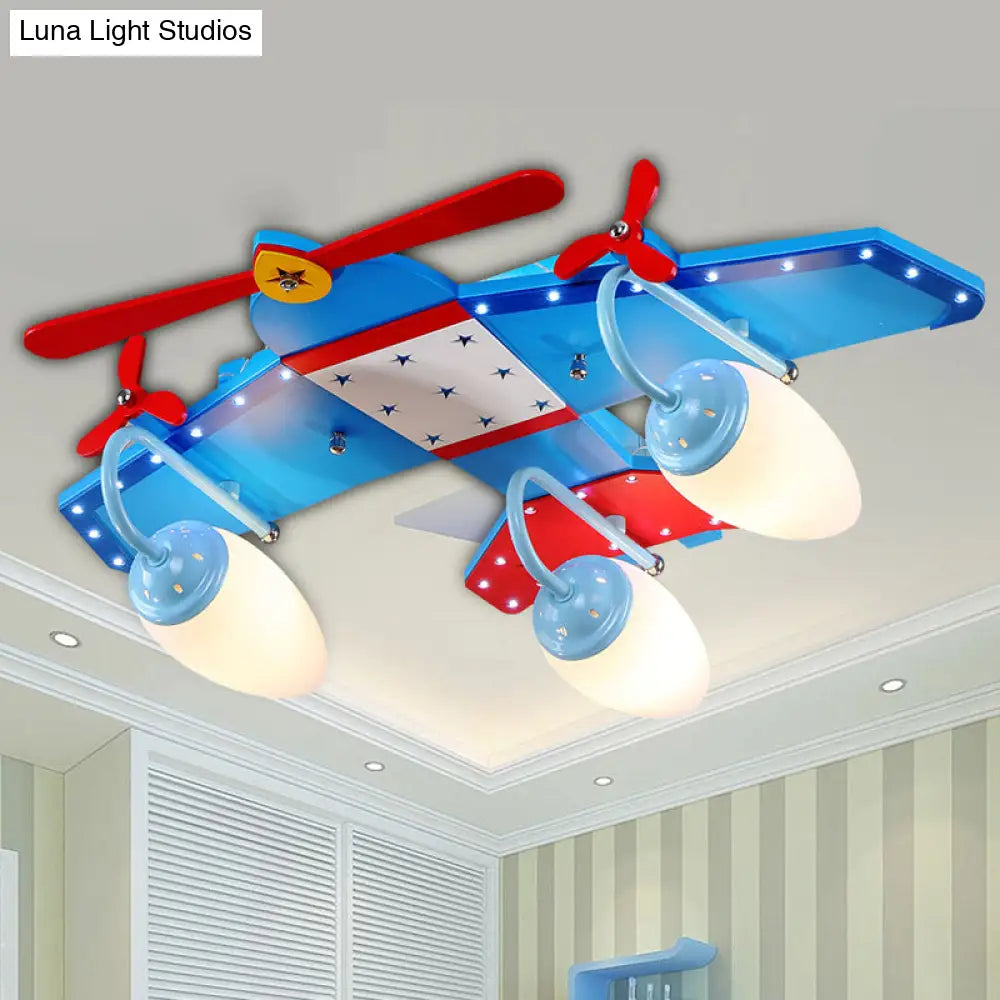 Blue Plane Ivory Glass Flushmount Lighting For Boys Bedroom - 3/4 Heads Ceiling Fixture