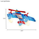 Blue Plane Ivory Glass Flushmount Lighting For Boys Bedroom - 3/4 Heads Ceiling Fixture