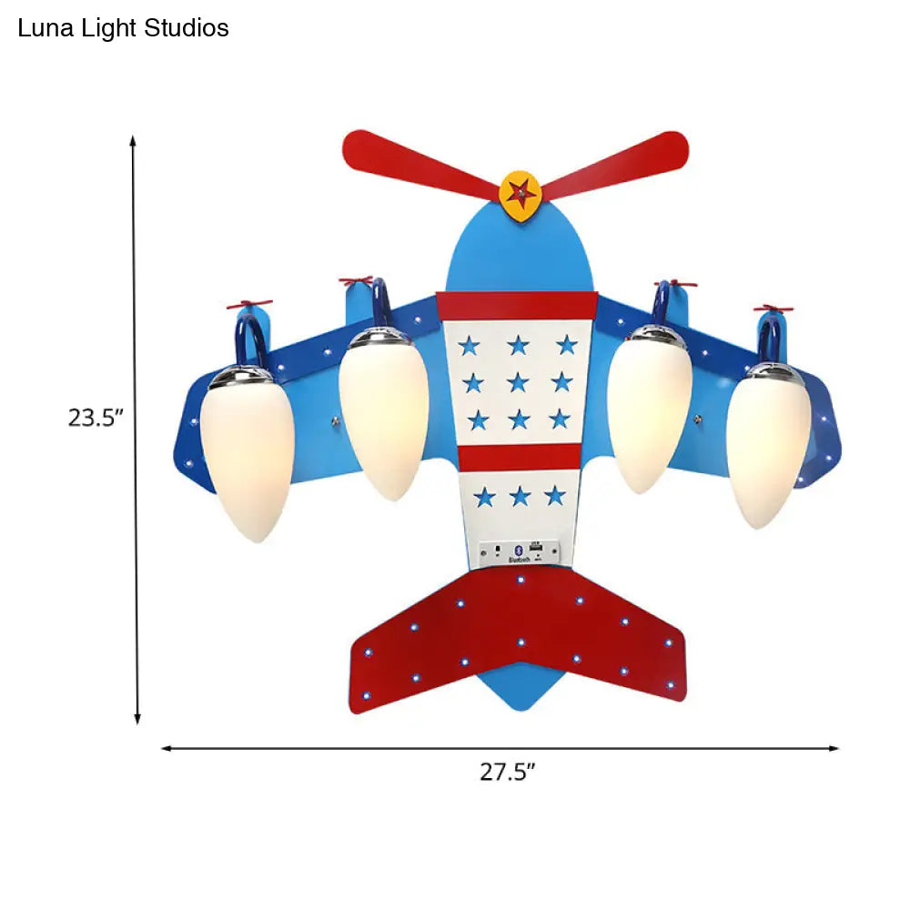 Blue Plane Ivory Glass Flushmount Lighting For Boys Bedroom - 3/4 Heads Ceiling Fixture