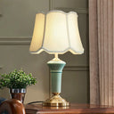Blue Porcelain Desk Lamp With Ruffle-Edged Fabric Shade Traditional Column Base 1 Light