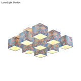 Blue Printed Cube Chandelier - 9 Bulb Semi Flush Mount Ceiling Light With Pastoral Style Fabric