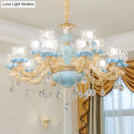 Blue Ribbed Glass Chandelier With Crystal Draping Classic Pendant Lighting For Living Room