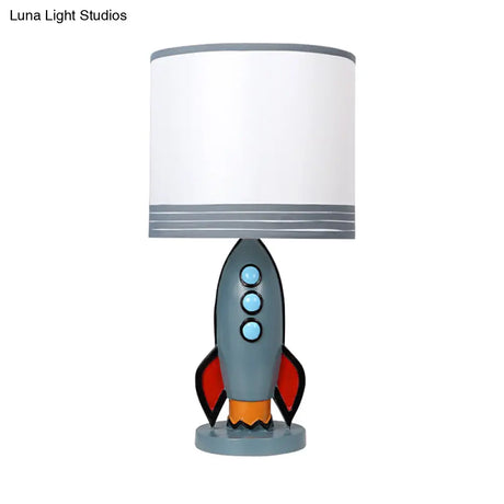 Blue Rocket Nightstand Light With Drum Shade For Nursery - Kids Resin Table Lamp