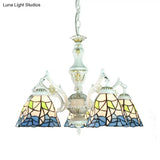Blue Stained Glass 5-Light Chandelier With Adjustable Chain For Foyer
