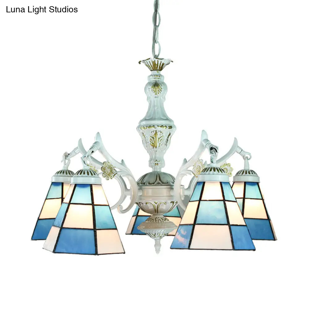 Blue Stained Glass 5-Light Chandelier With Adjustable Chain For Foyer