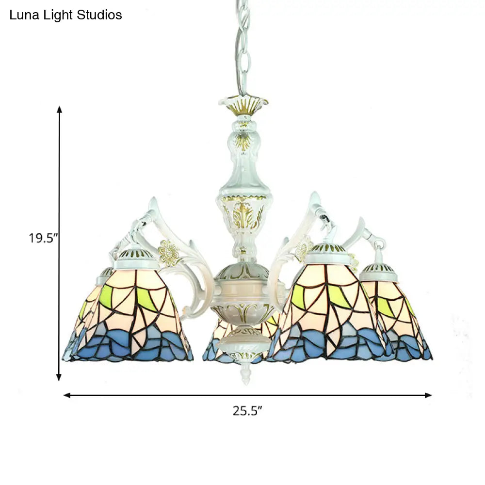 Blue Stained Glass 5-Light Chandelier With Adjustable Chain For Foyer