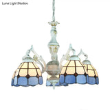 Blue Stained Glass 5-Light Chandelier With Adjustable Chain For Foyer