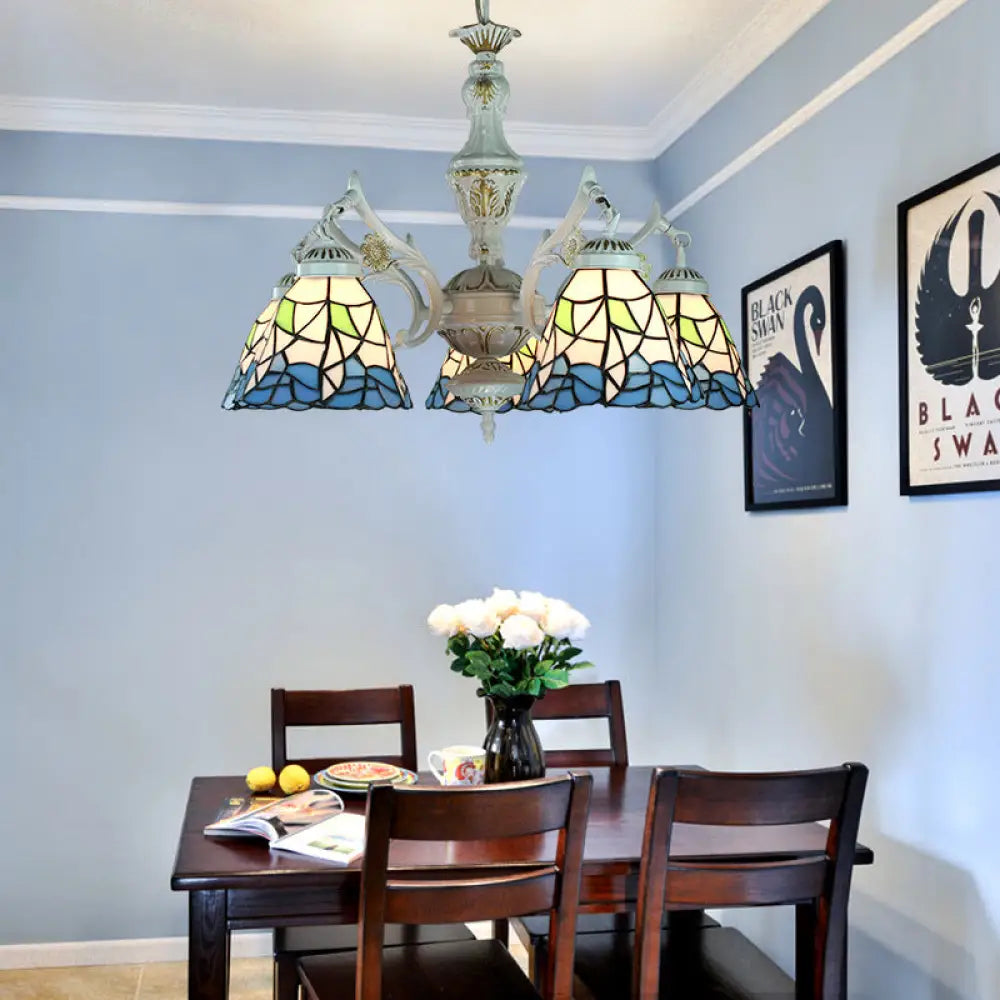 Blue Stained Glass 5-Light Chandelier With Adjustable Chain For Foyer / Flower