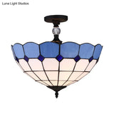 Blue Stained Glass Ceiling Light - 12’/16’ Wide Bowl Semi Flush Mount Mediterranean Style