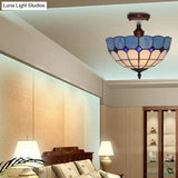 Blue Stained Glass Ceiling Light - 12’/16’ Wide Bowl Semi Flush Mount Mediterranean Style