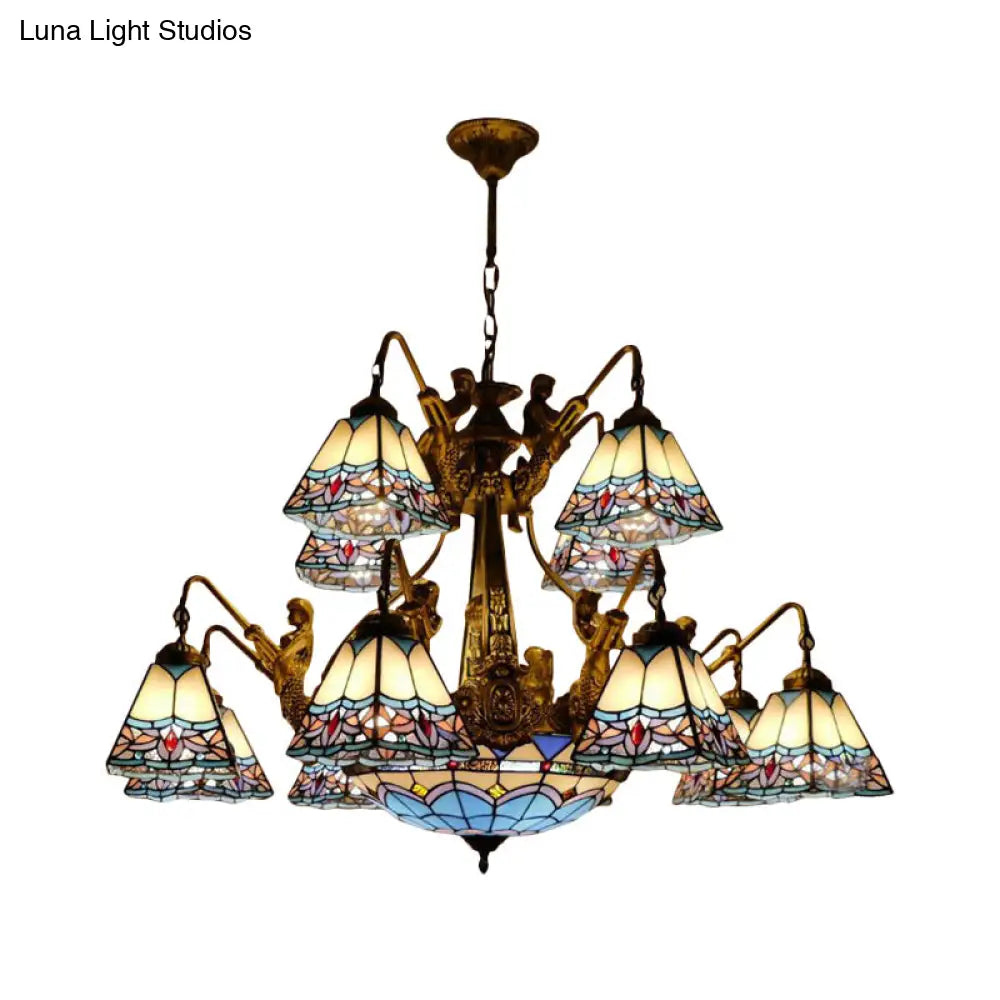 Blue Stained Glass Chandelier - Tiffany Style With 15 Lights And Baroque/Magnolia Pattern