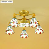 Blue Stained Glass Cone Semi Flush Lamp - Nautical Style Ceiling Light (4/6/7-Lights)
