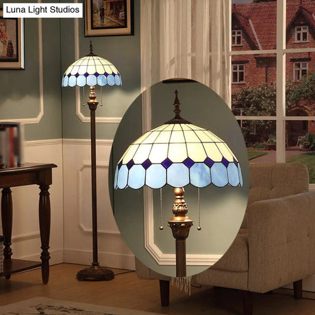 Blue Stained Glass Scalloped Dome Floor Light - 2 Bulb Pull Chain Standing Lamp