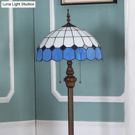 Blue Stained Glass Scalloped Dome Floor Light - 2 Bulb Pull Chain Standing Lamp