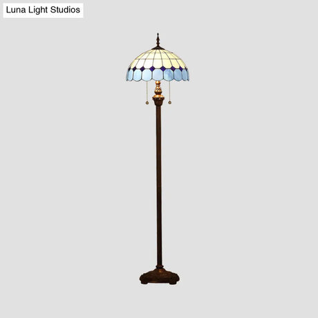 Blue Stained Glass Scalloped Dome Floor Light - 2 Bulb Pull Chain Standing Lamp