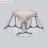 Blue Stained Glass Tiffany Ceiling Lamp For Living Room - Leaf/Stripes Flush Mount With 3/6 Lights