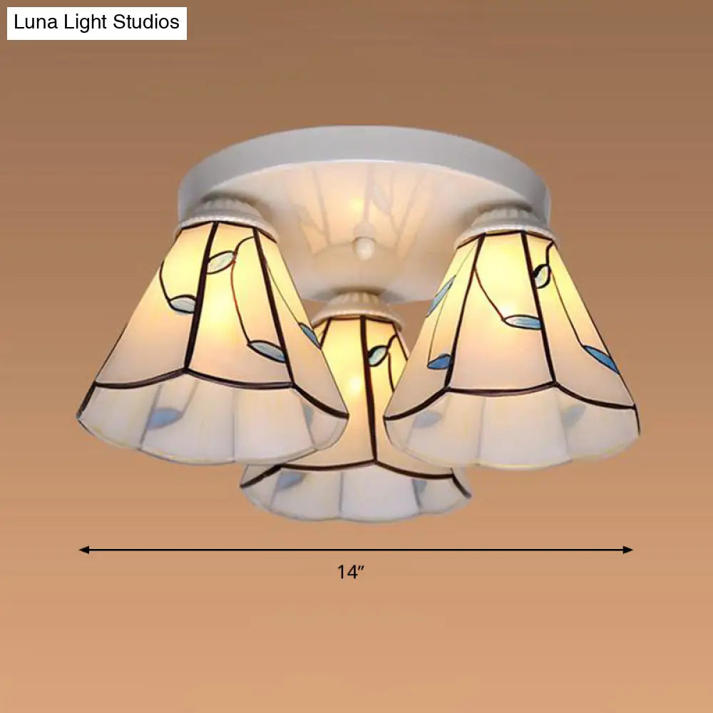 Blue Stained Glass Tiffany Ceiling Lamp For Living Room - Leaf/Stripes Flush Mount With 3/6 Lights