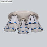 Blue Stained Glass Tiffany Ceiling Lamp For Living Room - Leaf/Stripes Flush Mount With 3/6 Lights