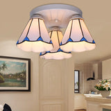 Blue Stained Glass Tiffany Ceiling Lamp For Living Room - Leaf/Stripes Flush Mount With 3/6 Lights