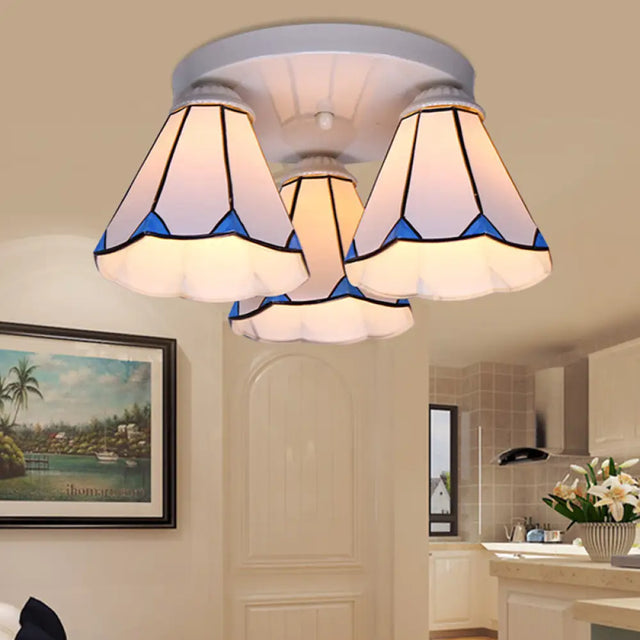 Blue Stained Glass Tiffany Ceiling Lamp For Living Room - Leaf/Stripes Flush Mount With 3/6 Lights