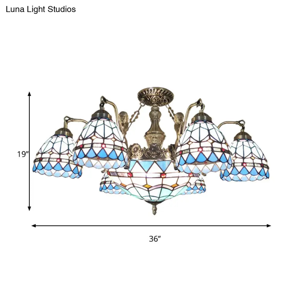 Blue Stained Glass Tiffany Pendant Lamp With 7/9 Light Cone Ceiling Chandelier