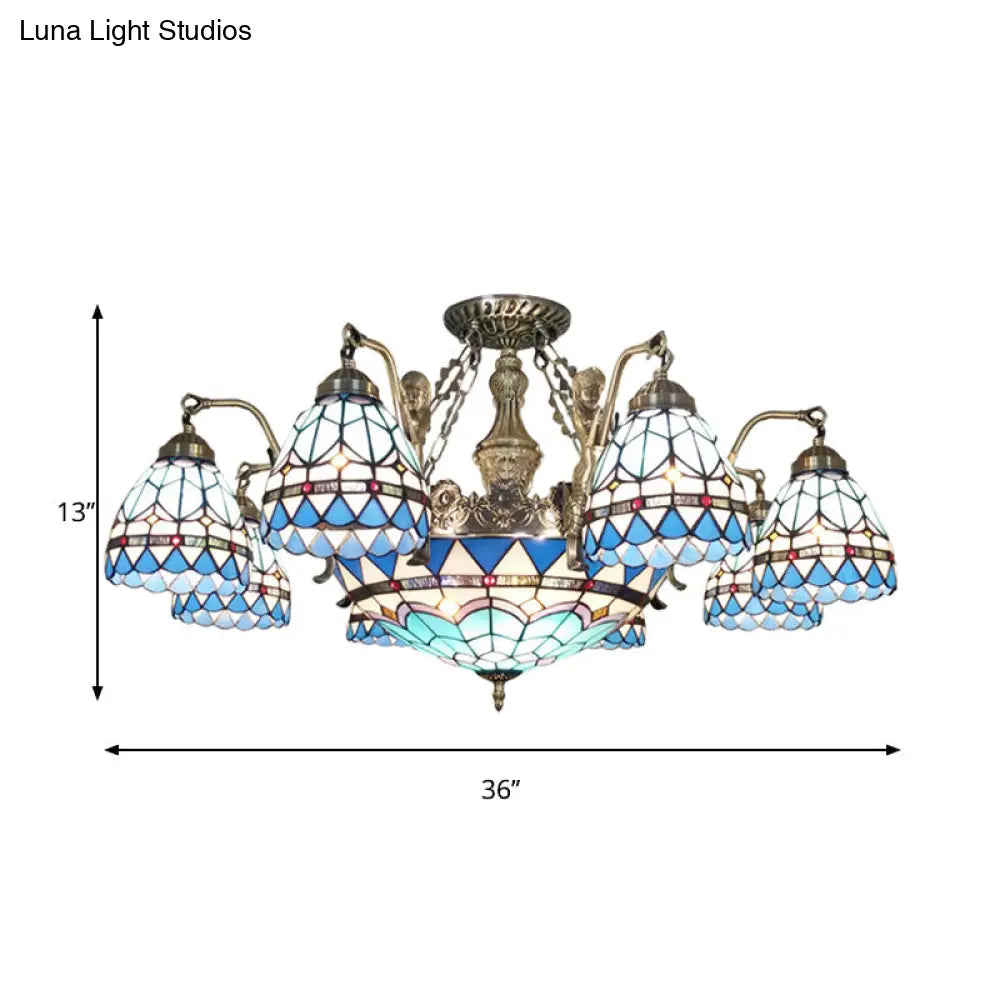 Blue Stained Glass Tiffany Pendant Lamp With 7/9 Light Cone Ceiling Chandelier