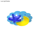 Blue Star Moon Cartoon Wood Ceiling Lamp For Kids Bedroom