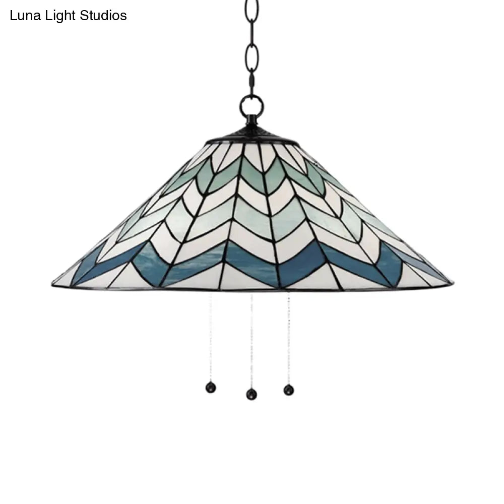Blue Tiffany-Style Cone Pendant Light Fixture With Stained Art Glass - 16’/19.5’ W Single Head