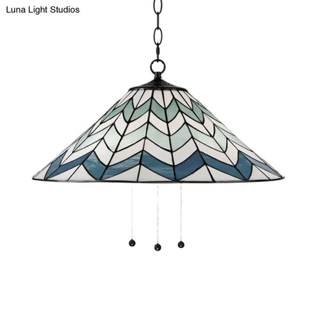 Blue Tiffany-Style Cone Pendant Light Fixture With Stained Art Glass - 16’/19.5’ W Single Head