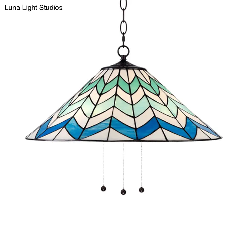 Blue Tiffany-Style Cone Pendant Light Fixture With Stained Art Glass - 16’/19.5’ W Single Head