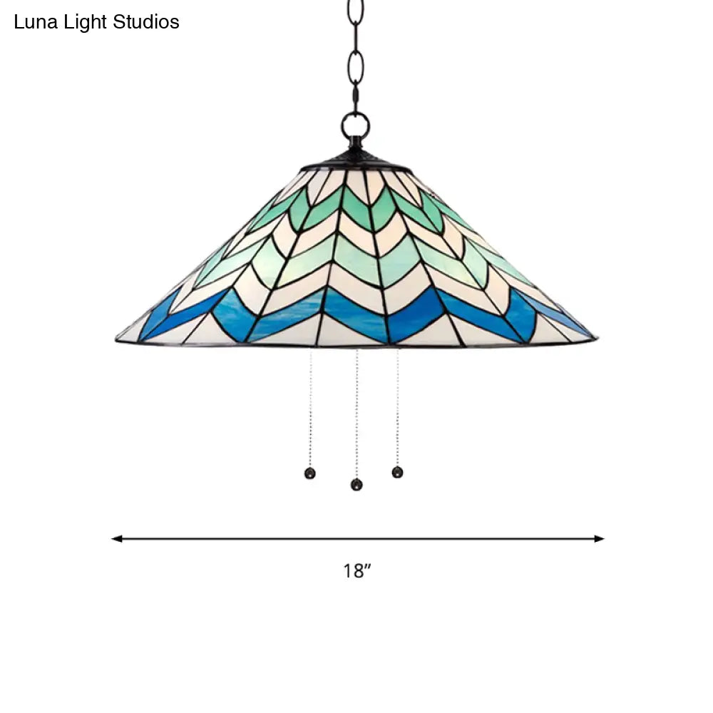 Blue Tiffany-Style Cone Pendant Light Fixture With Stained Art Glass - 16’/19.5’ W Single Head
