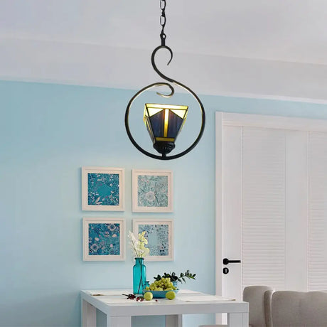 Blue Tiffany Style Stained Glass Pyramid Pendant Light With Stainless Steel Suspension - 1-Light