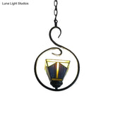 Blue Tiffany Style Stained Glass Pyramid Pendant Light With Stainless Steel Suspension - 1-Light