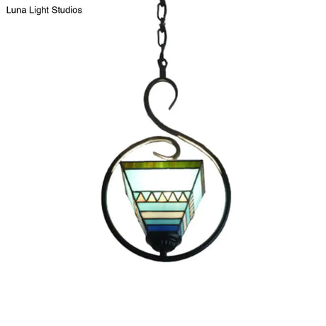 Blue Tiffany Style Stained Glass Pyramid Pendant Light With Stainless Steel Suspension Ring