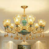 Blue Traditional Flower Up Chandelier - Luxurious Clear Glass Suspension Light With Crystal Drops 15