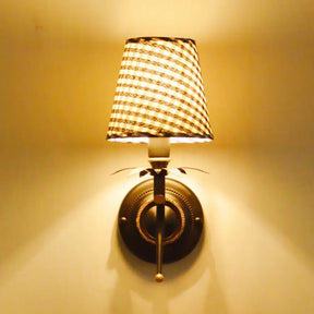 Blue Wall Mount Sconce Light With Traditional Metal Conical Design And Lattice Fabric Shade