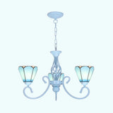 Blue/White Conical Hanging Chandelier - Metal Chain Tiffany 3-Light Stained Glass Drop Ceiling