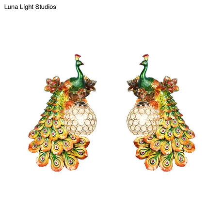 Blue/White Peacock Wall Mounted Light - 1 Loft Style Resin Lamp With Dome Crystal Shade