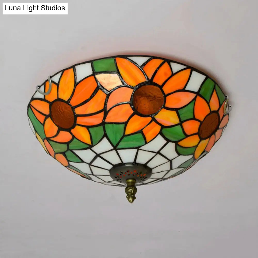 Blue/White Sunflower Tiffany Stained Glass Flush Mount Ceiling Light With 2/3 Bulbs - 12’/16’ W