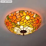 Blue/White Sunflower Tiffany Stained Glass Flush Mount Ceiling Light With 2/3 Bulbs - 12’/16’ W