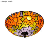 Blue/White Sunflower Tiffany Stained Glass Flush Mount Ceiling Light With 2/3 Bulbs - 12’/16’ W