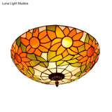 Blue/White Sunflower Tiffany Stained Glass Flush Mount Ceiling Light With 2/3 Bulbs - 12’/16’ W