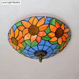 Blue/White Sunflower Tiffany Stained Glass Flush Mount Ceiling Light With 2/3 Bulbs - 12’/16’ W