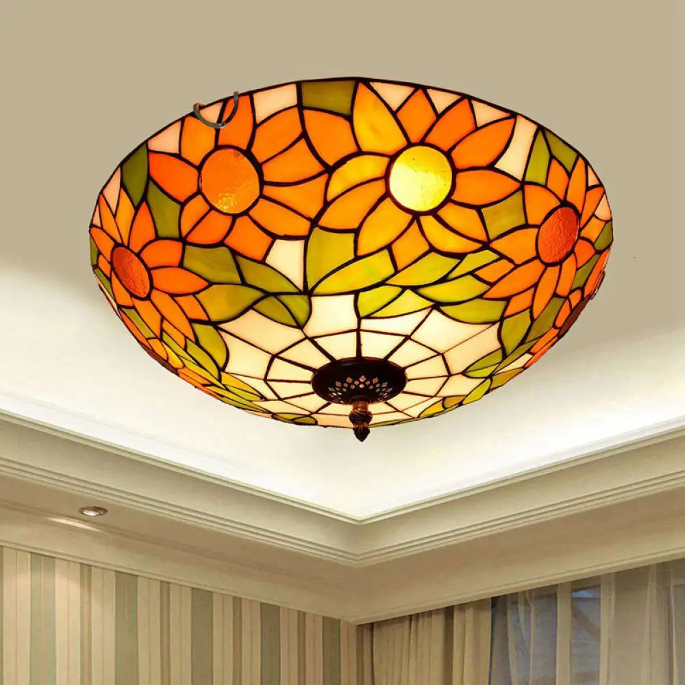 Blue/White Sunflower Tiffany Stained Glass Flush Mount Ceiling Light With 2/3 Bulbs - 12’/16’ W