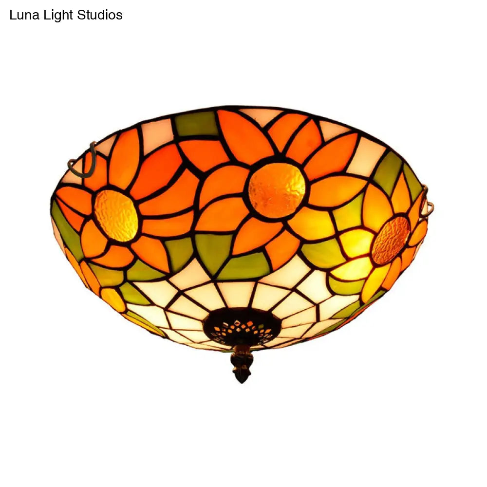 Blue/White Sunflower Tiffany Stained Glass Flush Mount Ceiling Light With 2/3 Bulbs - 12’/16’ W