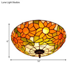 Blue/White Sunflower Tiffany Stained Glass Flush Mount Ceiling Light With 2/3 Bulbs - 12’/16’ W