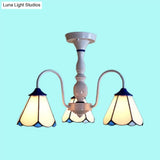 Blue/White Tiffany Ceiling Light With Stained Glass Cone Shade - 3 Lights Curved Arm Semi Flush
