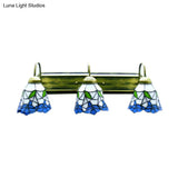 Blue-White Tiffany Glass Sconce Lighting - Bronze Wall Mounted Light With 3 Heads
